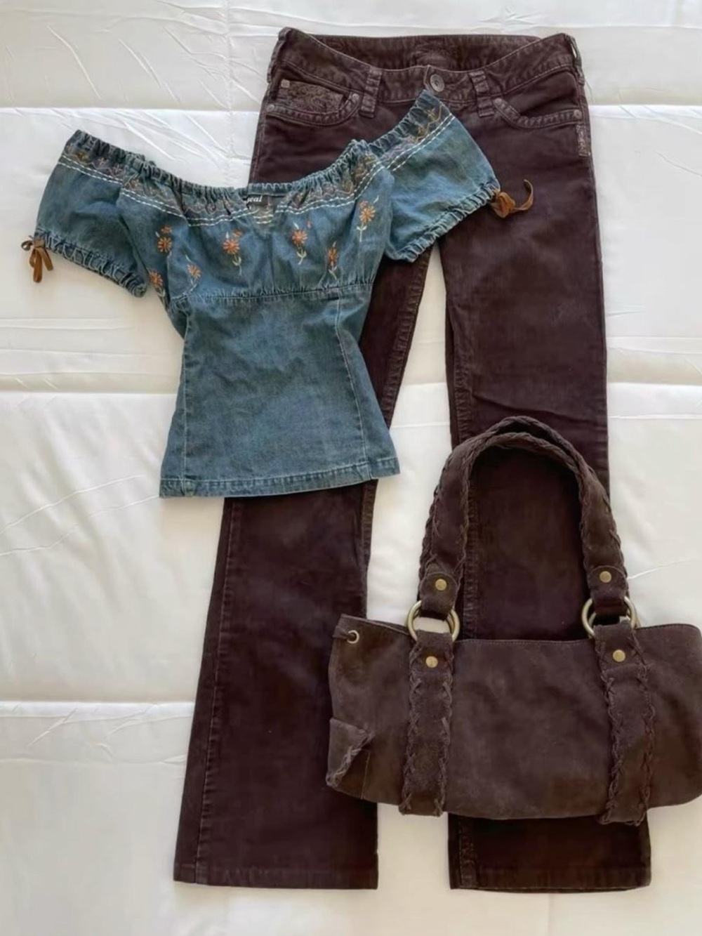Vintage 2000s Wet Seal denim embroidered off the shoulder Top